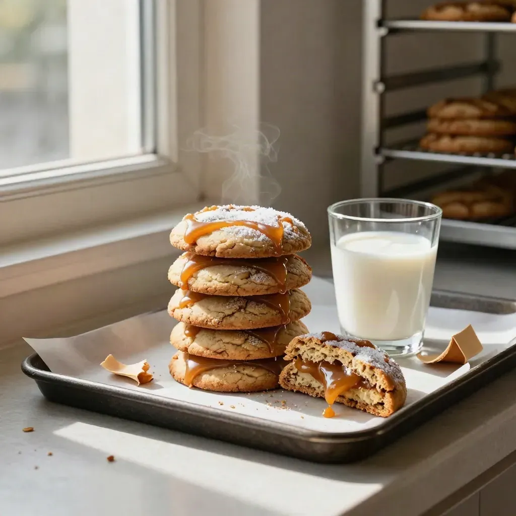 Stack of salted caramel cookies splitting open on parchment beside a milk glass, softly lit in warm bakery light