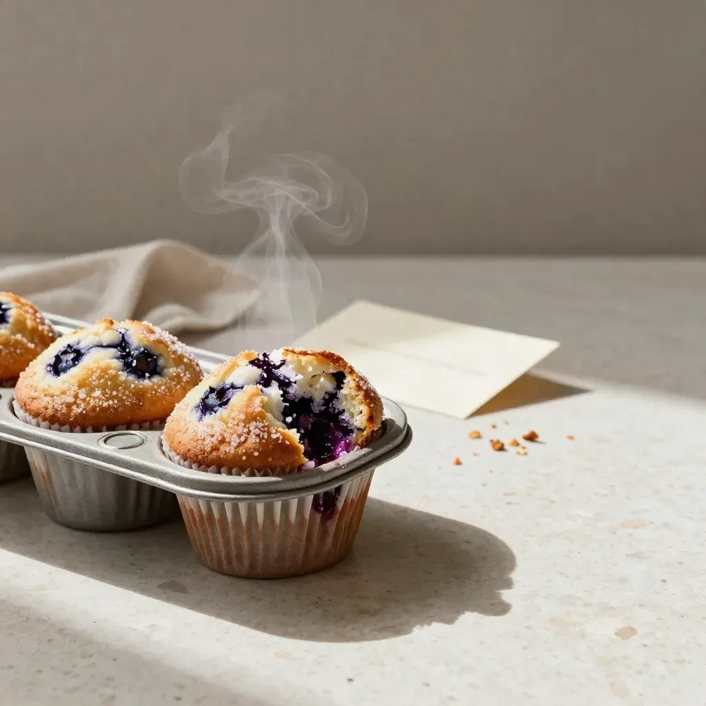 Blueberry muffin pack with steaming top muffin on travertine, soft studio light
