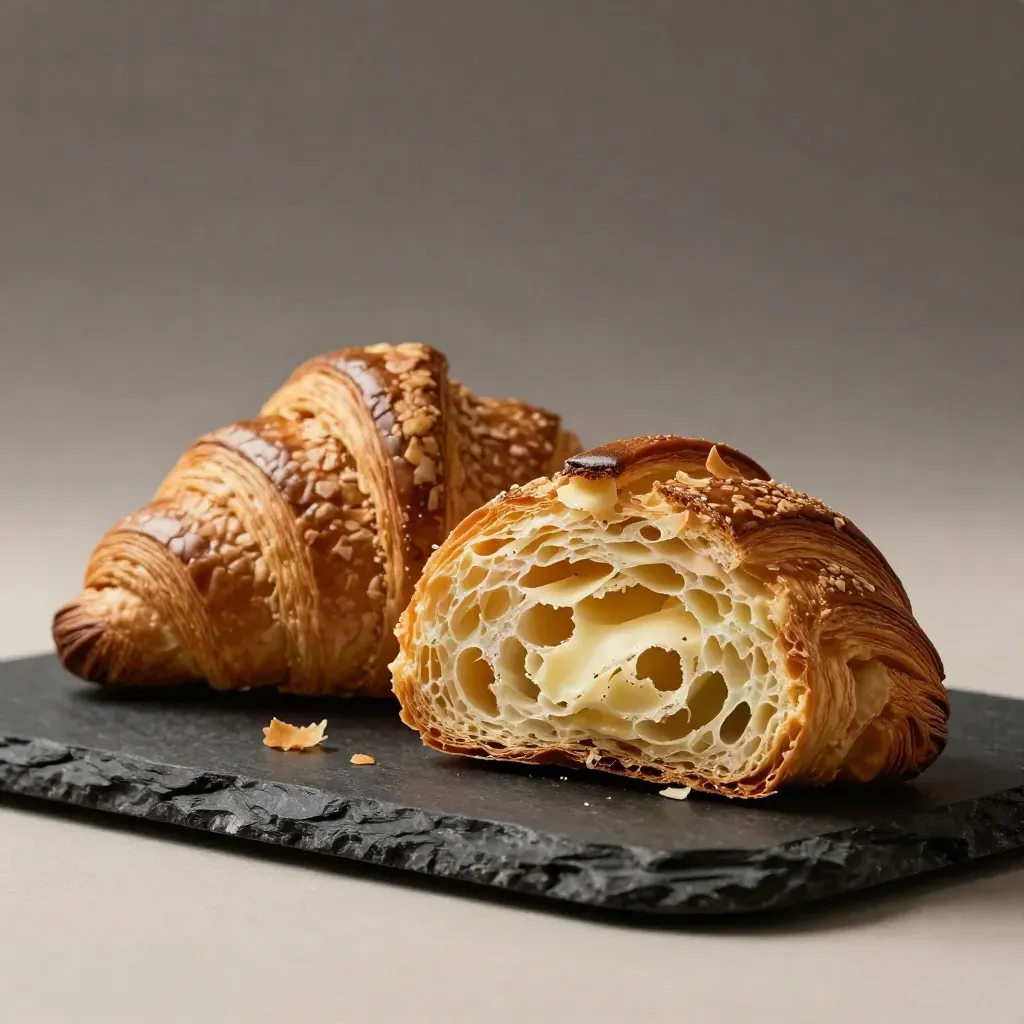 Stacked butter croissants mid-break on matte black, flakes lifting in dramatic studio light.