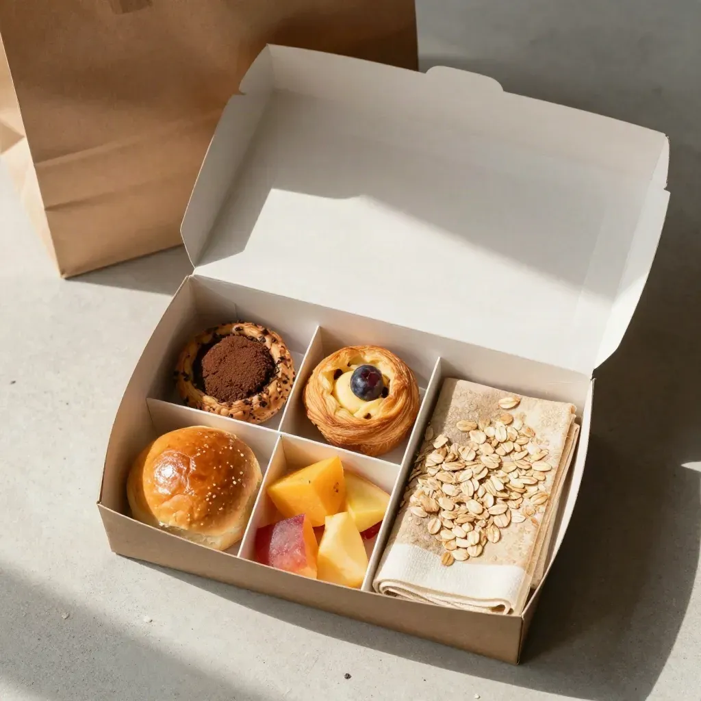 Overhead office breakfast box with roll, pastries, fruit and napkin on pale stone.