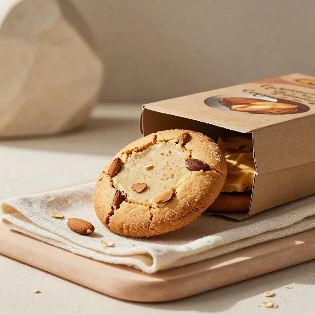 Almond butter cookies in a box with a broken cookie and linen napkin, lit in warm raking light.