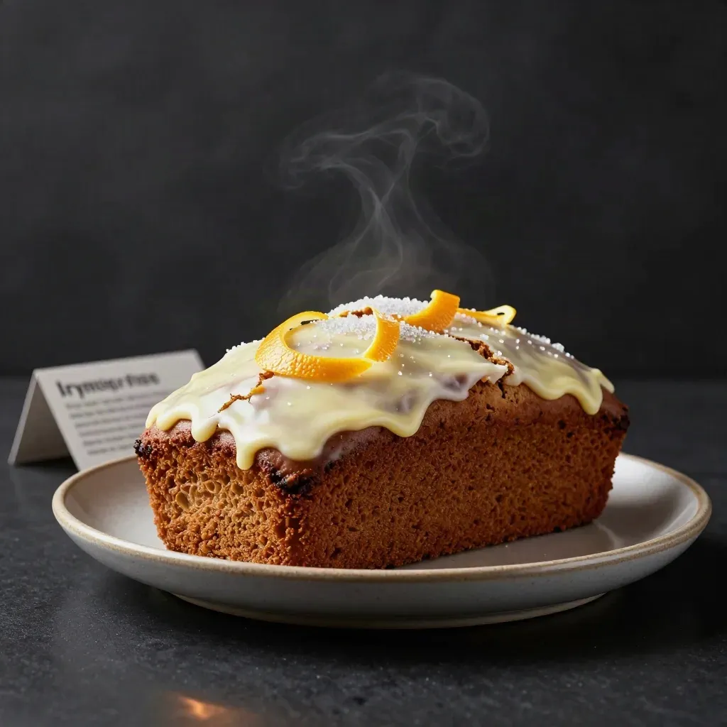 Lemon drizzle loaf with pale glaze and citrus curls on a stoneware plate in dramatic studio light