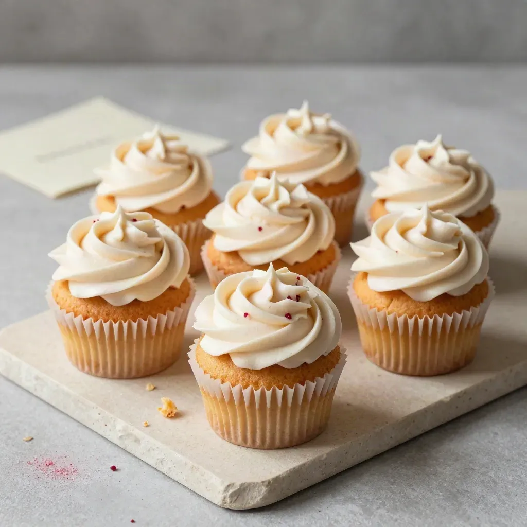 Overhead flatlay of six strawberry cupcakes with pale frosting, crumbs, parchment, and soft berry haze.