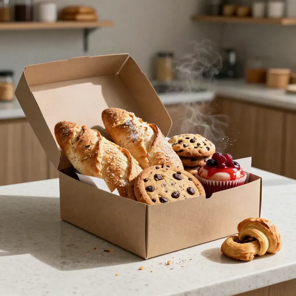 Overflowing office treat box with breads, cookies and cupcakes on a travertine kitchenette counter.