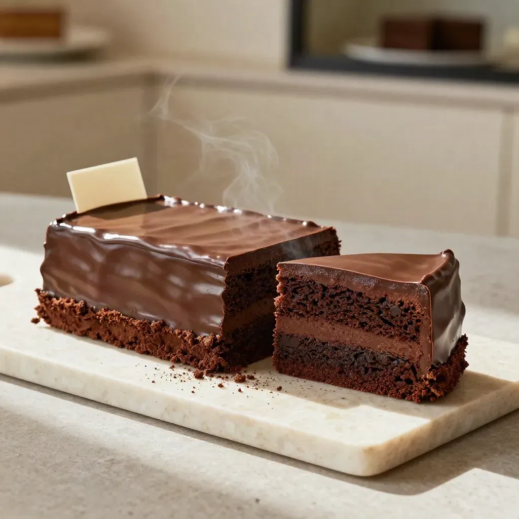 Chocolate fudge cake with ganache and a cut slice on pale travertine