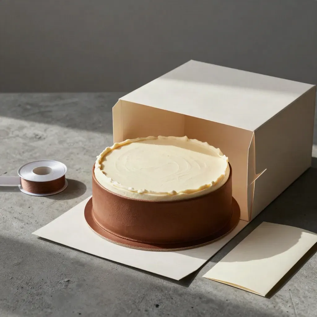 Open cake box with a smooth custom celebration cake on a graphite slab