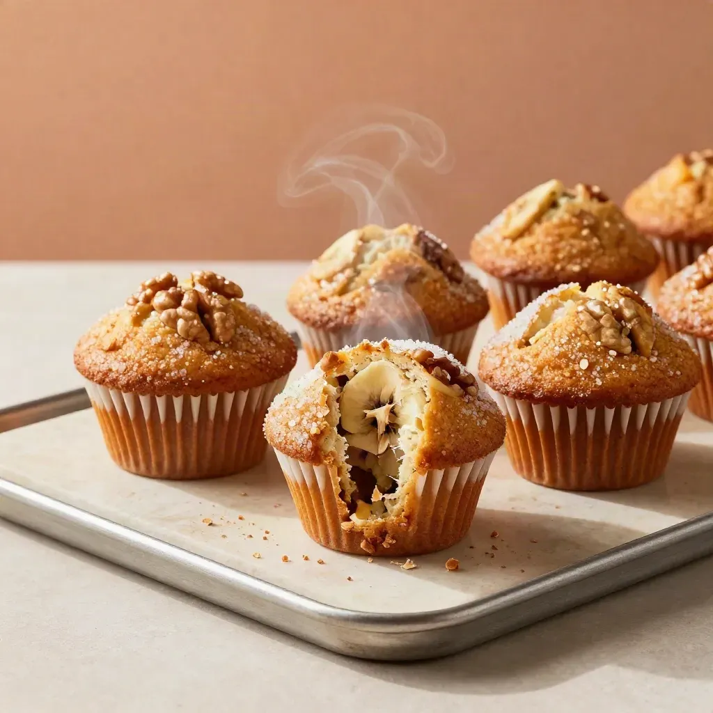 Banana nut muffins on a limestone slab with steam, walnut tops, torn liners, and apricot warmth.