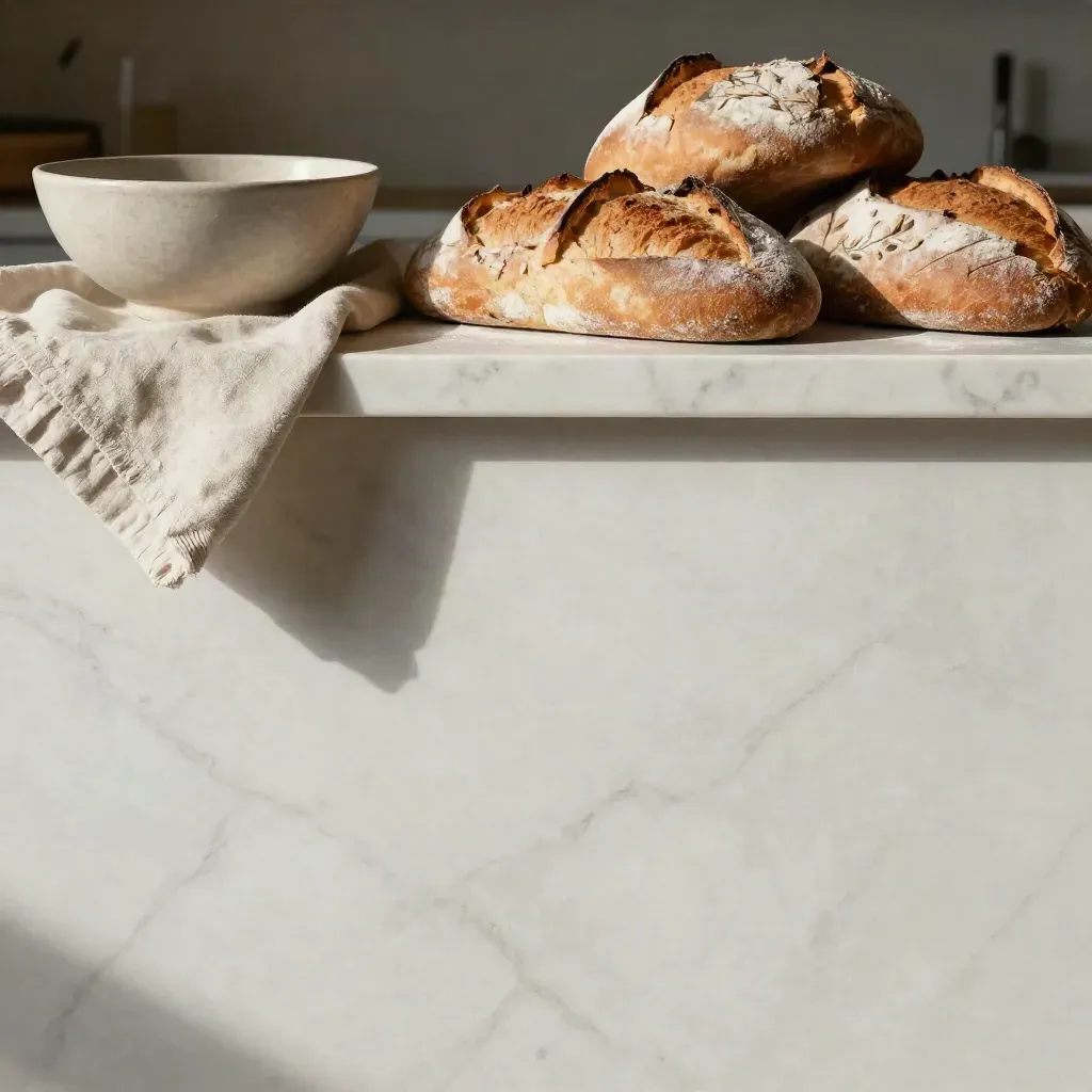 Sunlit marble counter with linen, stoneware bowl, and rustic loaves above calm copy space.