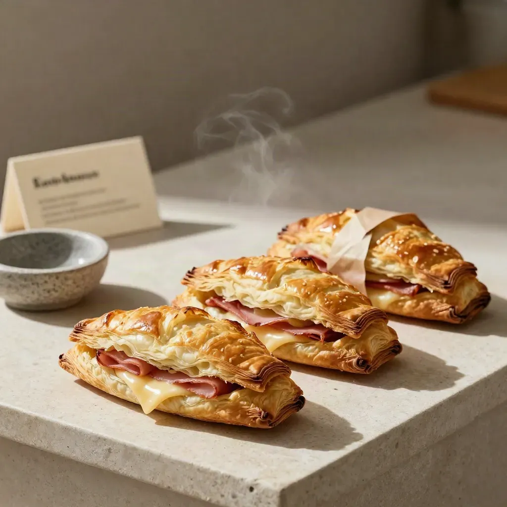 Four ham and cheese pastries in parchment with steam on a pale stone counter.