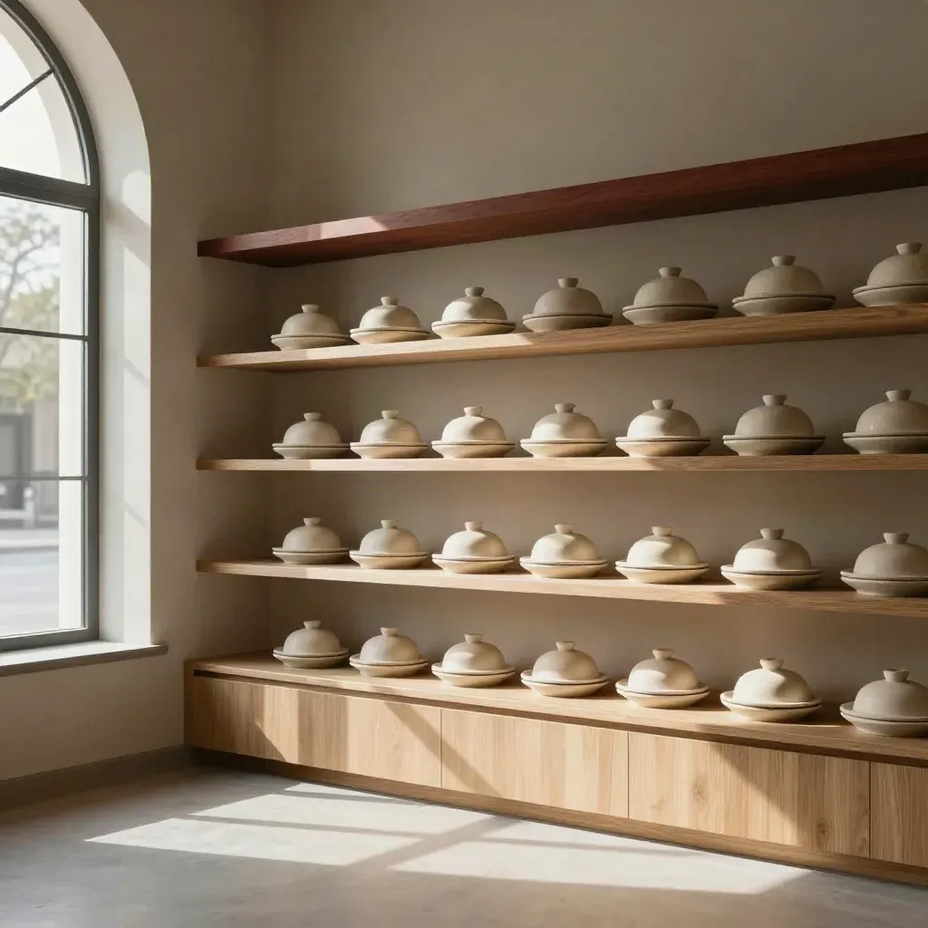 Sunlit bakery interior with arched window, shelves, and cake pedestals above a calm floor.