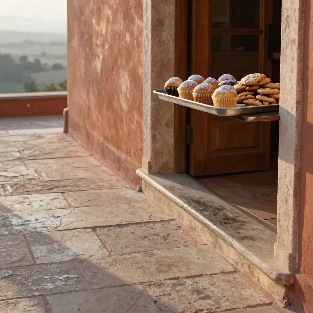Tray of cupcakes and cookies on a sunlit stone terrace by a bakery doorway at golden hour.