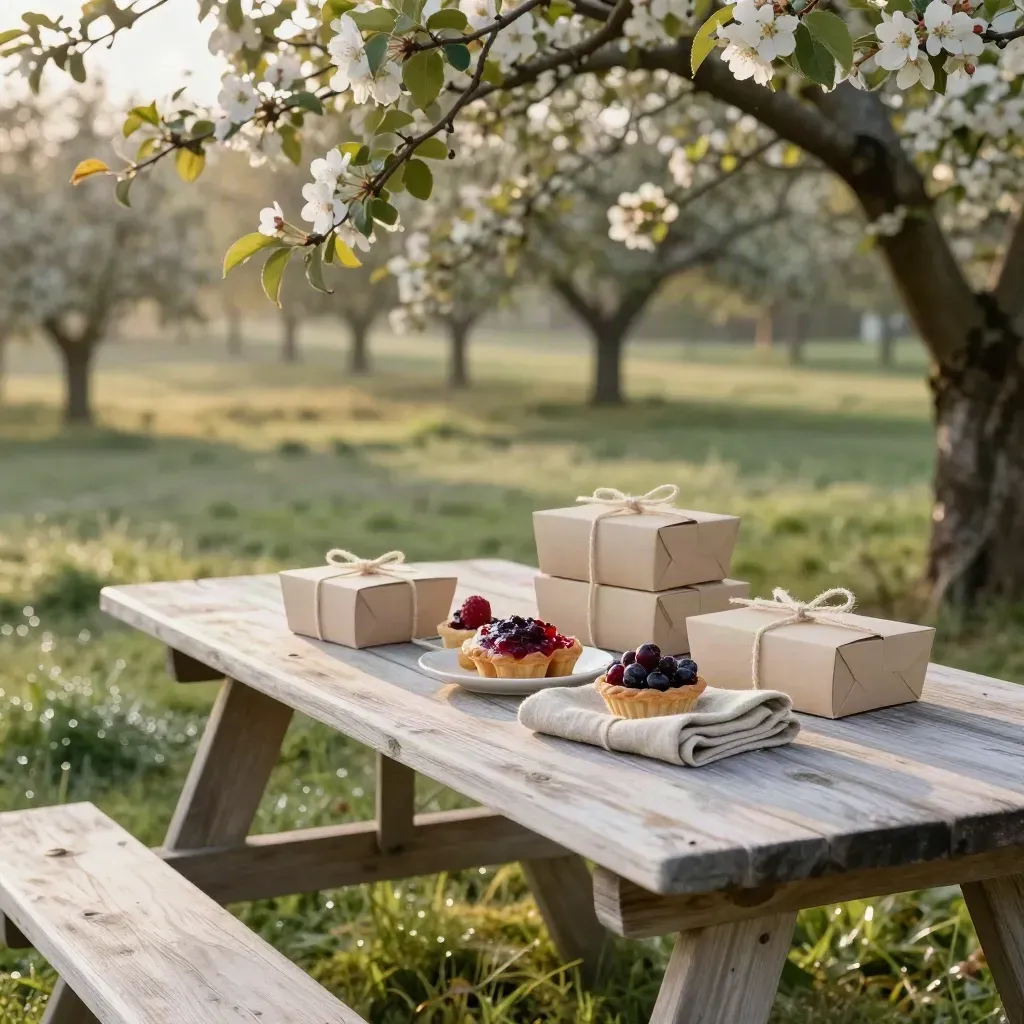 Orchard picnic table with breakfast boxes, linen cloths, and berry accents in soft morning haze.