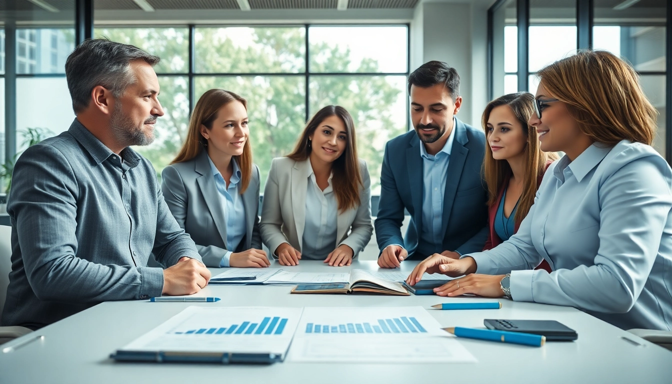 Engaged advisors showcasing tax planning and wealth management strategies in a bright office environment.