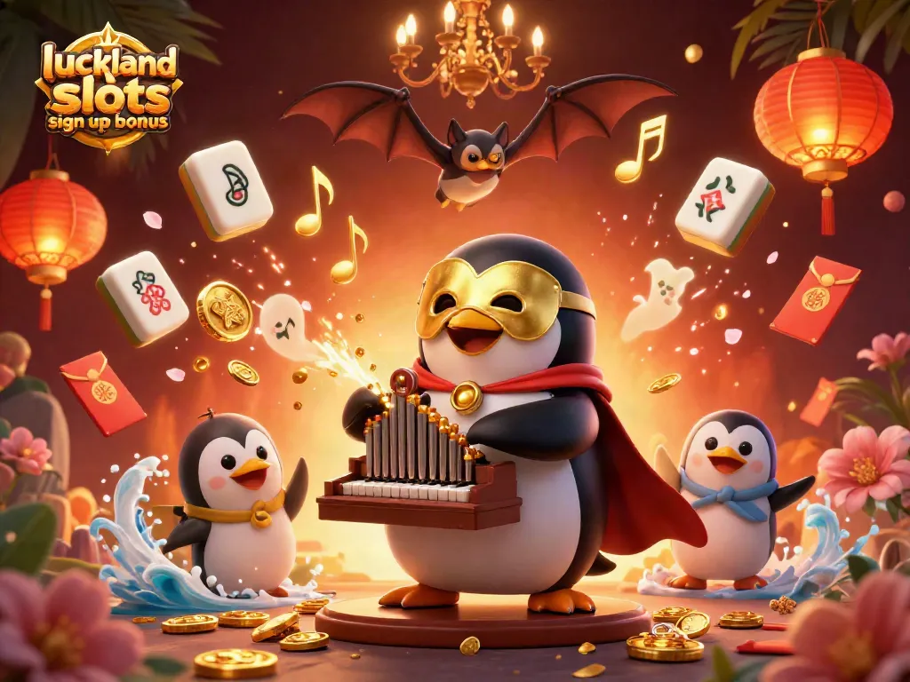 Play the exciting LuckyLand Slots sign up bonus with vibrant characters and dynamic game elements in an illustrated scene.