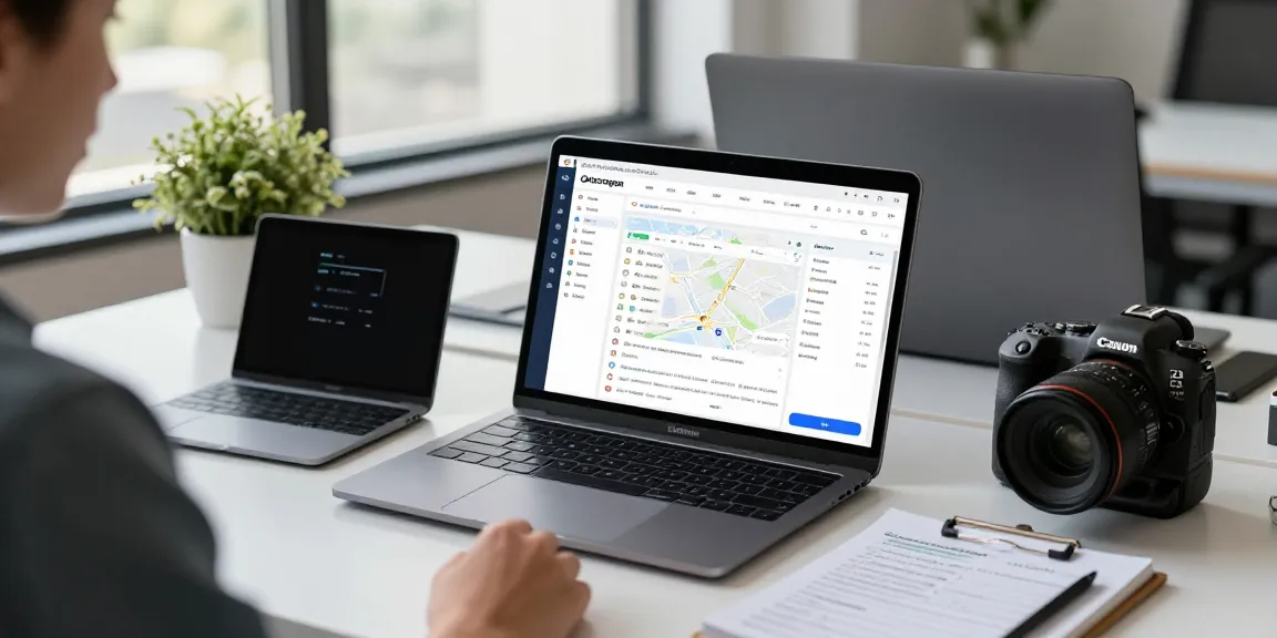 Data extraction scene showcasing Outscraper Google Maps Scraper tool on a laptop in a modern workspace.