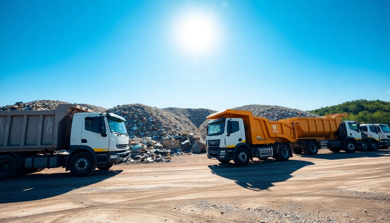View of cold lake landfill with unloading trucks under a blue sky showcasing waste management operations.