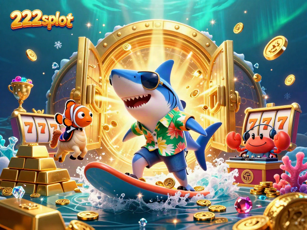 Slot online 222slot dengan karakter hiu dan elemen kasino yang berwarna-warni.