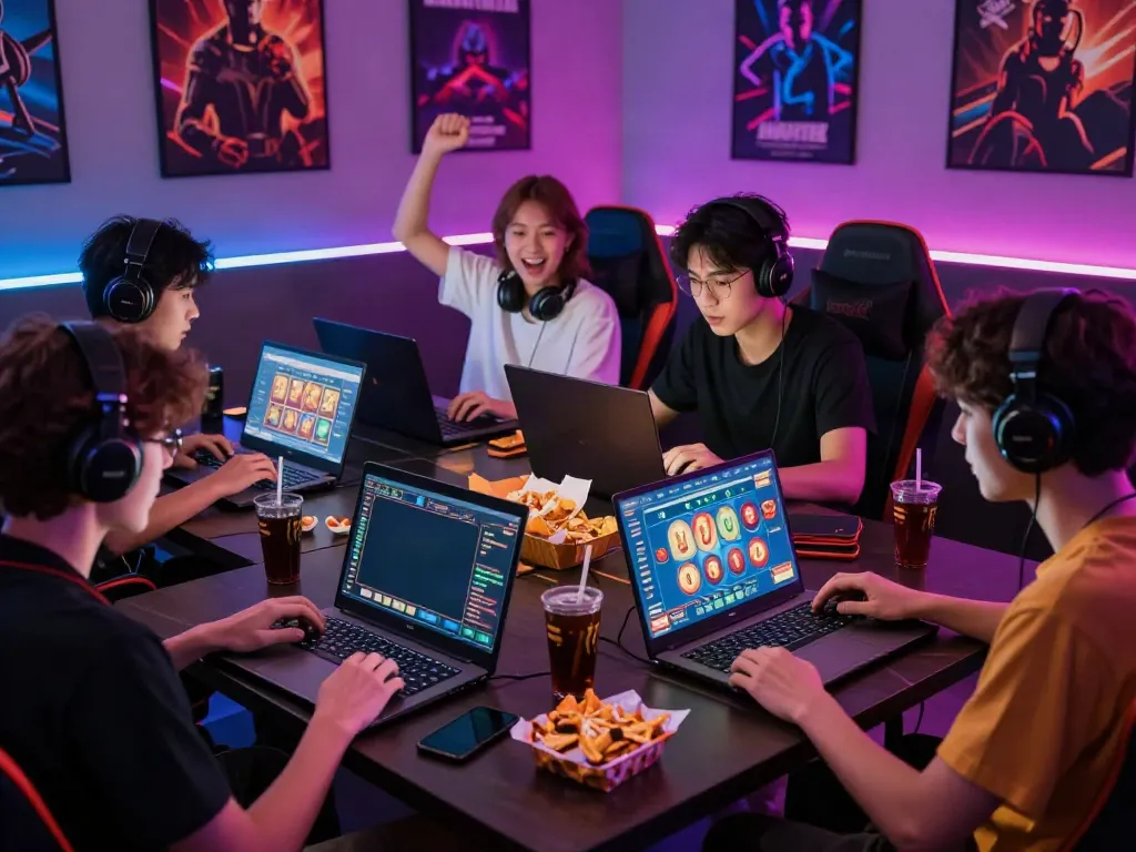Pengalaman permainan JPTOTO dengan pemain muda bersemangat di ruang bermain modern.