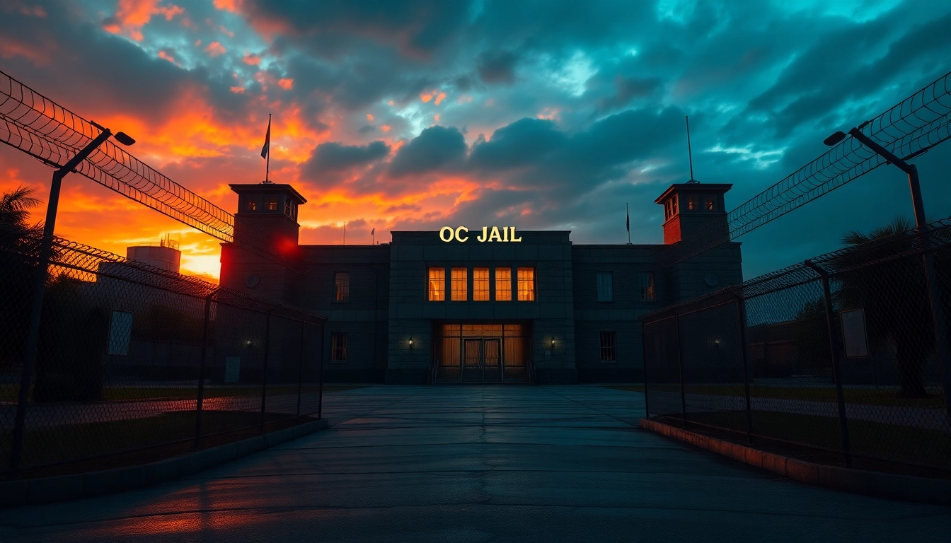 Visual representation of OC Jail's entrance highlighting its imposing architecture and security features.