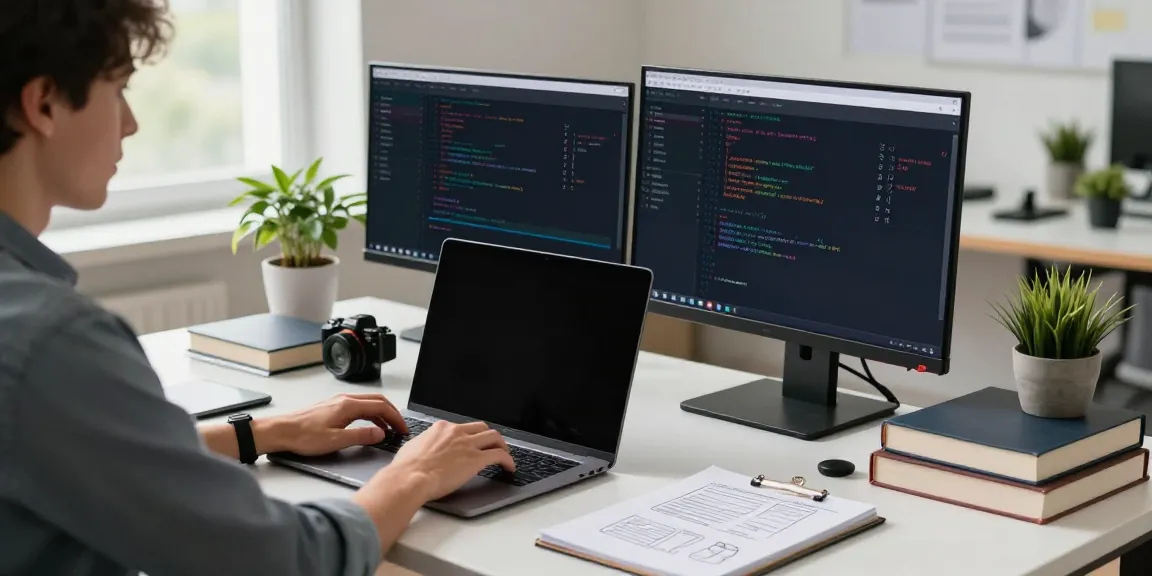 Developer using instant indexing tools on dual monitors in a tech workspace.