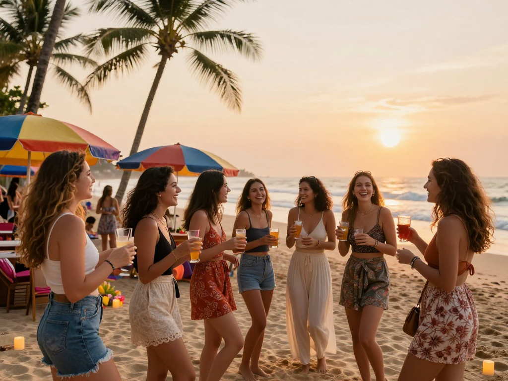 Goa call girls enjoying a sunset beach party atmosphere with drinks and laughter.