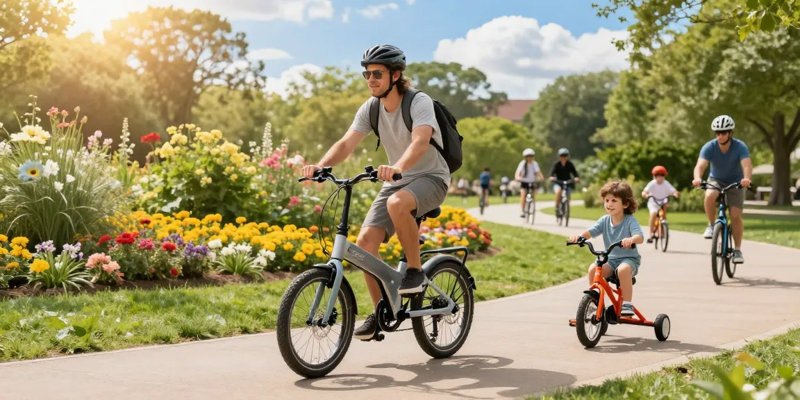 Active adult enjoying the best electric tricycles in a sunny park with family.