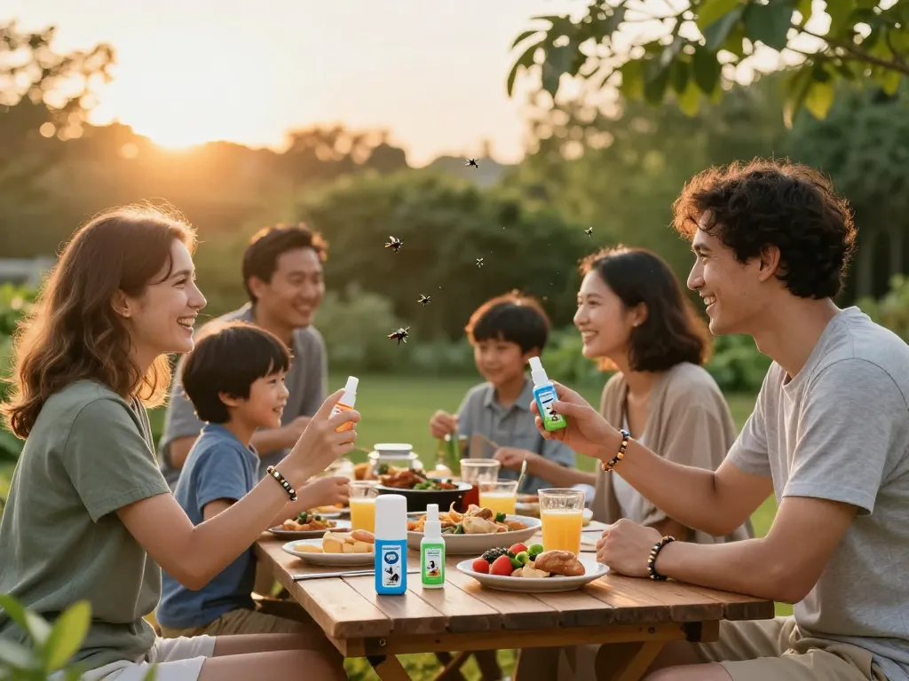 Family enjoying a summer barbecue while using mosquito repellent products for protection.