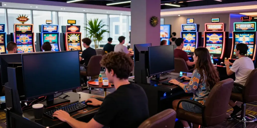 Engaged players at DA88 online gaming lounge enjoying slots and live casinos for an immersive experience at https://da88z.net/.