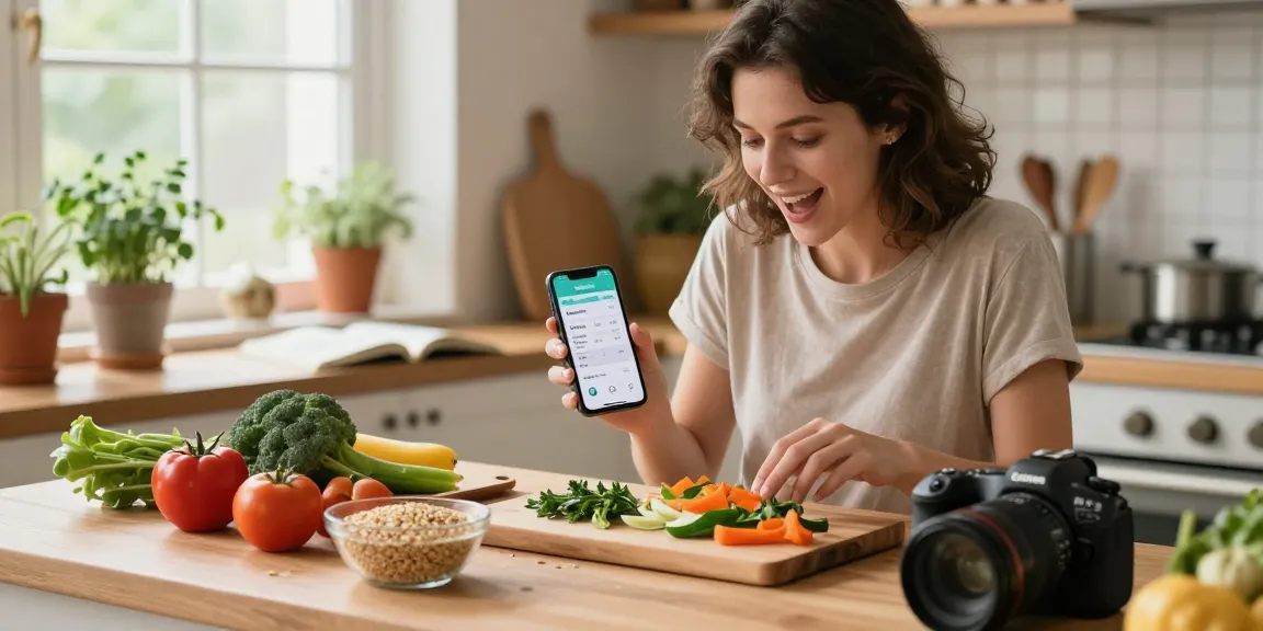 Healthy cooking with the best weight loss app displayed on smartphone in a cozy kitchen.