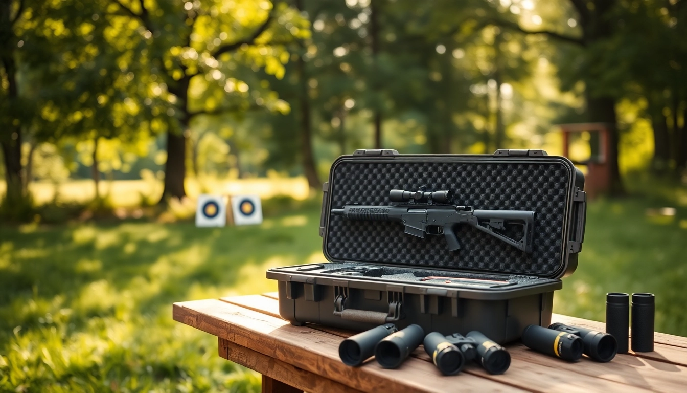 Showcase of a pelican rifle case with rifles arranged inside, displayed in a natural outdoor setting.