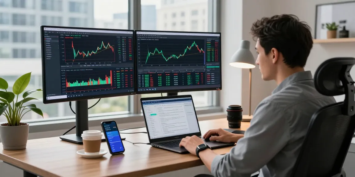 Trader analyzing MetaTrader 5 on multiple screens in a modern workspace