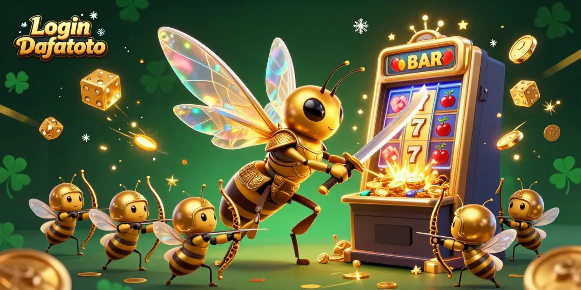 Login Dafatoto dalam ilustrasi 3D yang menampilkan hornet emas samurai dan mesin slot yang meledak jackpot.
