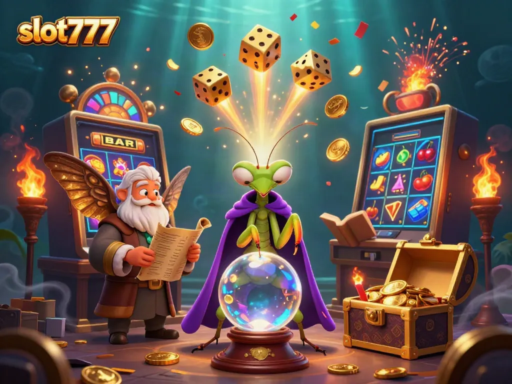 Slot777 dengan mesin slot jackpot dan karakter mistis mengundang keberuntungan.
