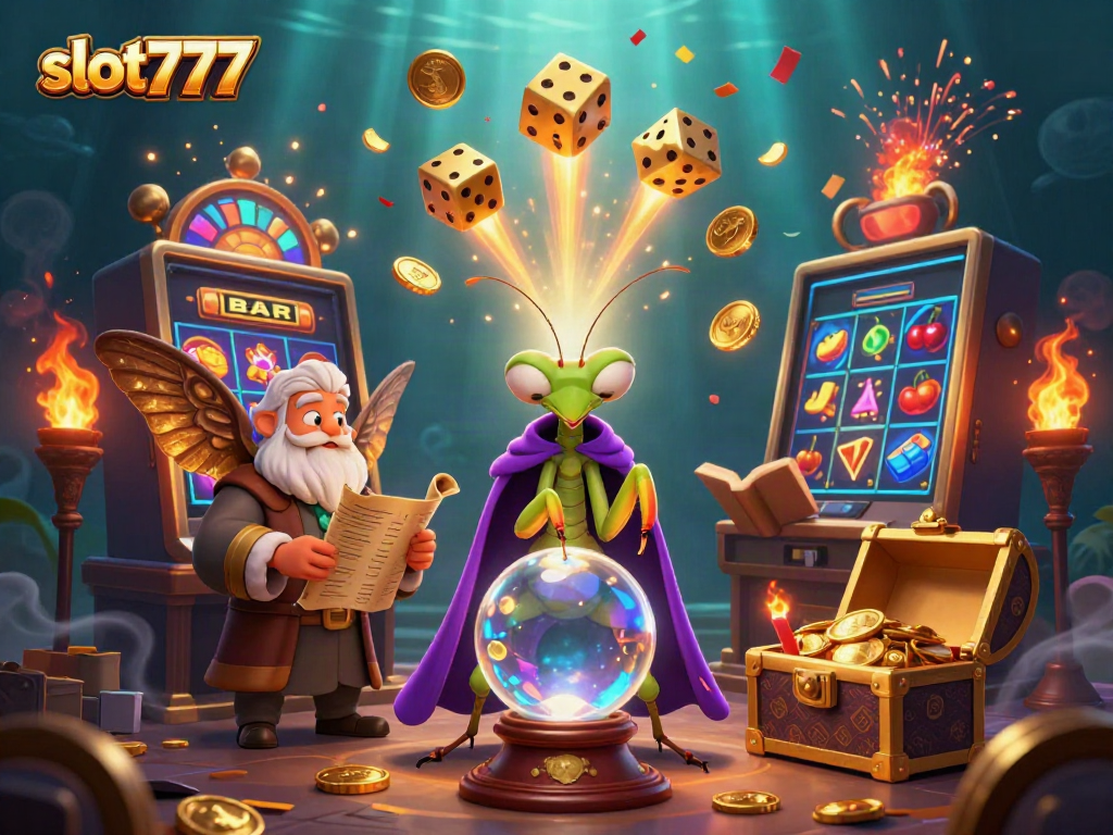 Slot777 dengan mesin slot jackpot dan karakter mistis mengundang keberuntungan.