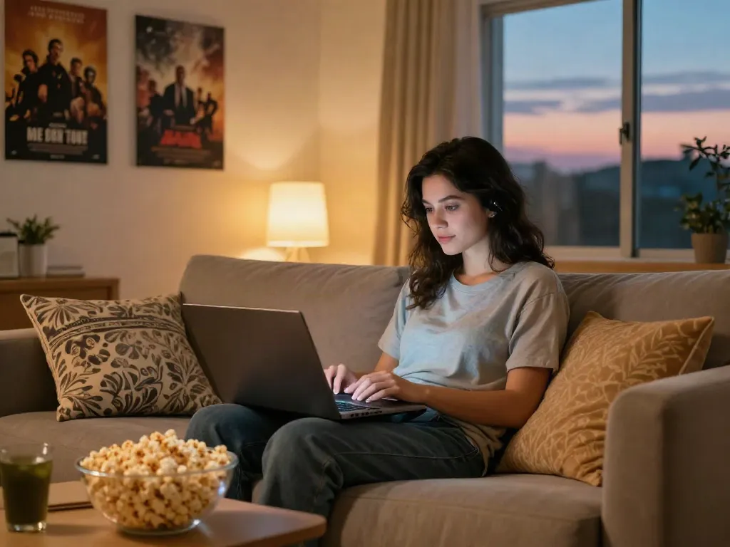 ZoeChip movie streaming experience in a cozy living room with ambient lighting and decorative elements.