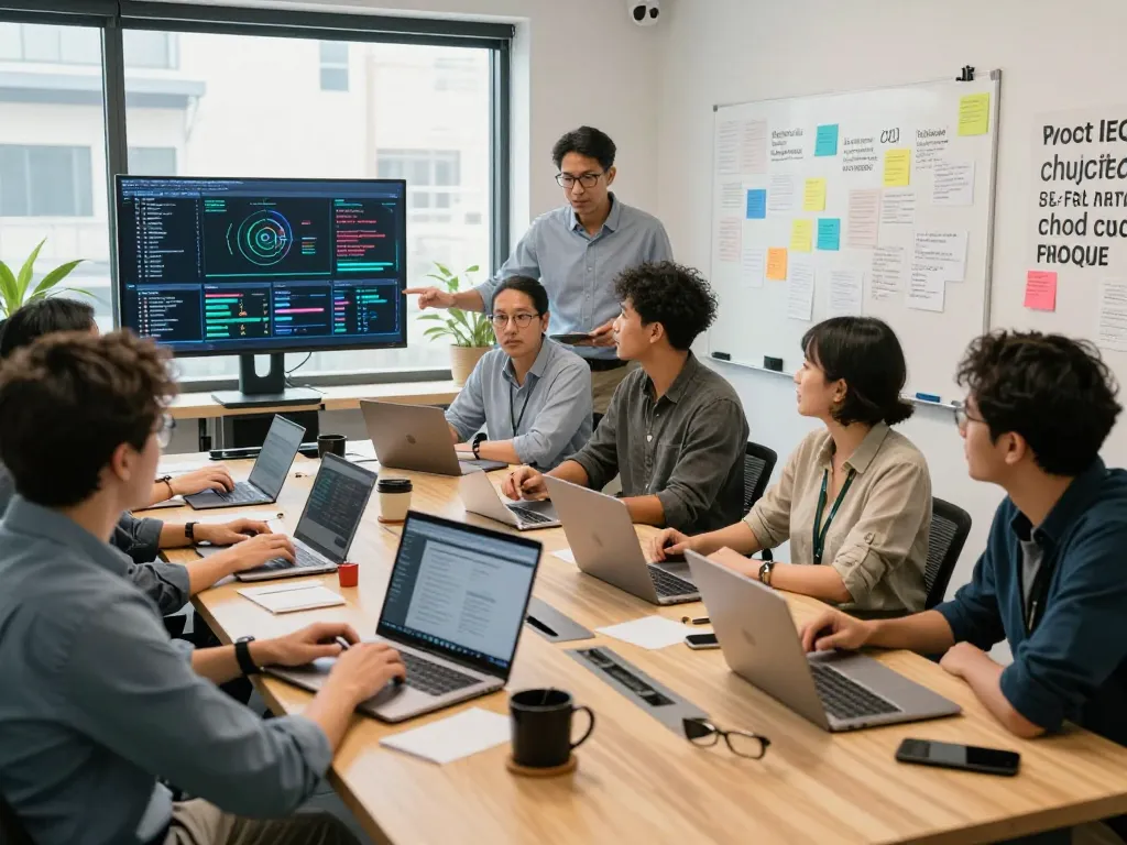 Team of professionals collaborating in a dynamic NYC SEO Company setting with laptops and analytics.