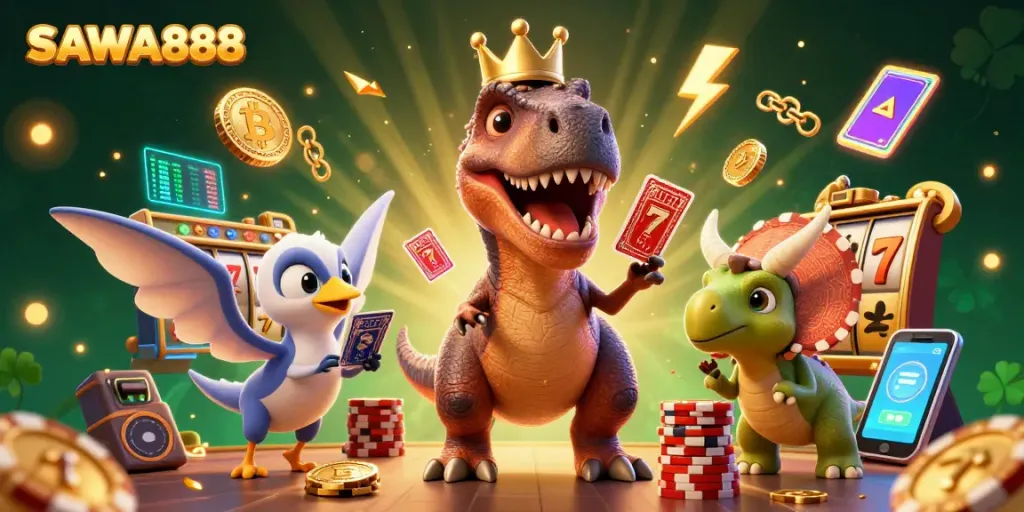 Enjoy a thrilling SAWA888 slot experience with dinosaurs battling luck and skill amidst crypto elements.