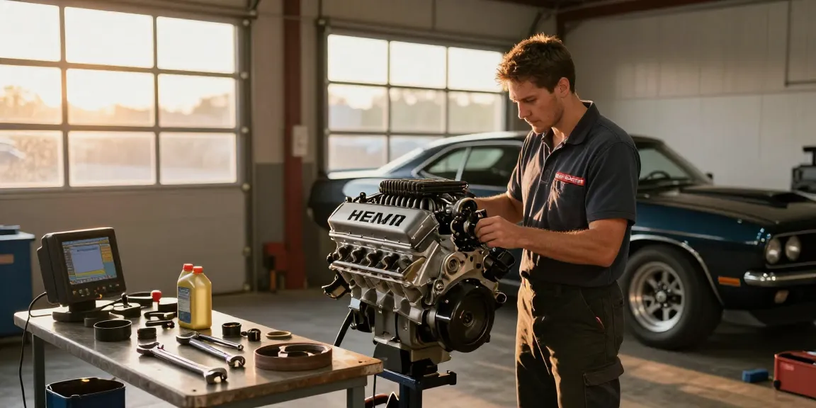 Hellcat engine for sale being inspected by a mechanic in a garage