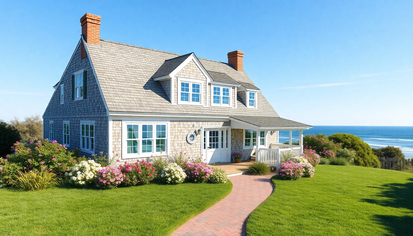 Stunning Cape Cod home with classic architecture surrounded by greenery and ocean view.