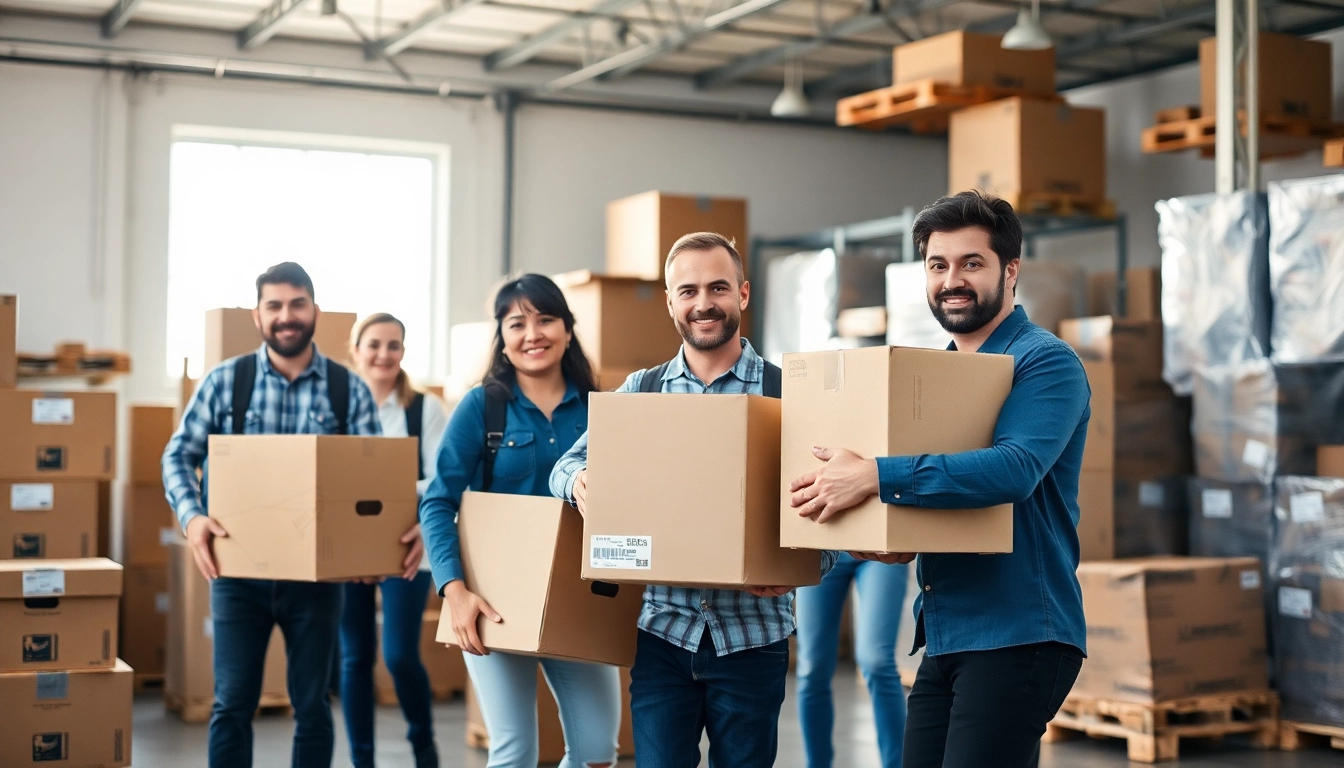 Movers efficiently handling boxes illustrating provincial moving & storage services.