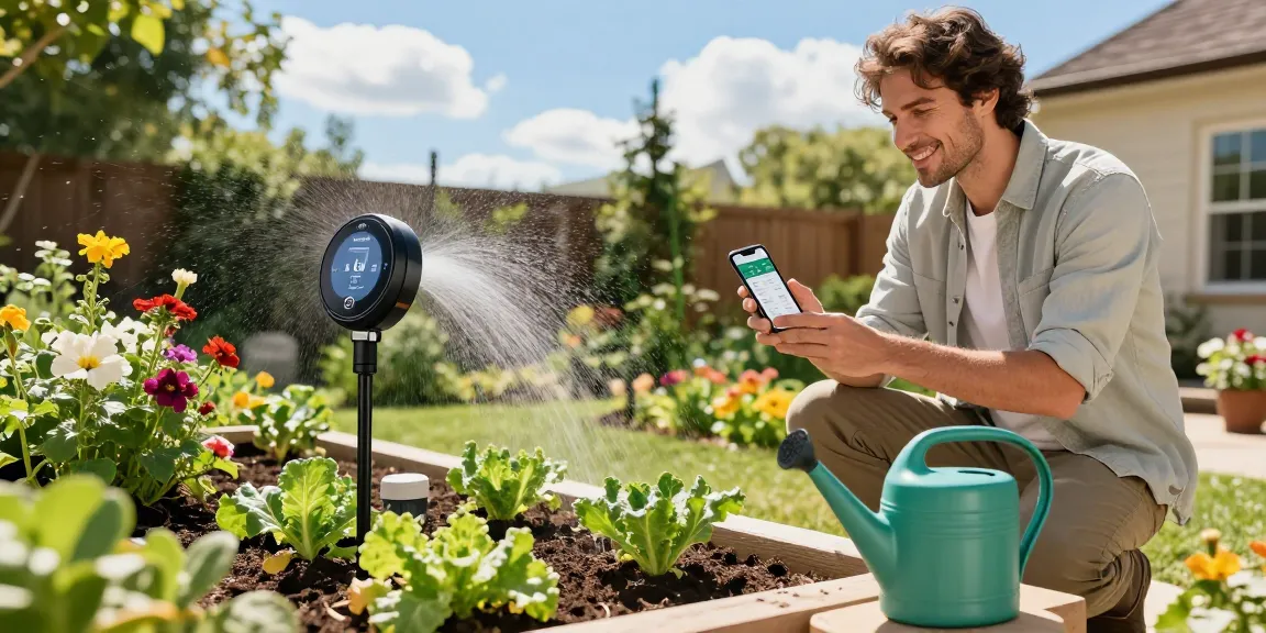 Gardener using RainPoint wifi water timer in sunny garden for efficient plant watering