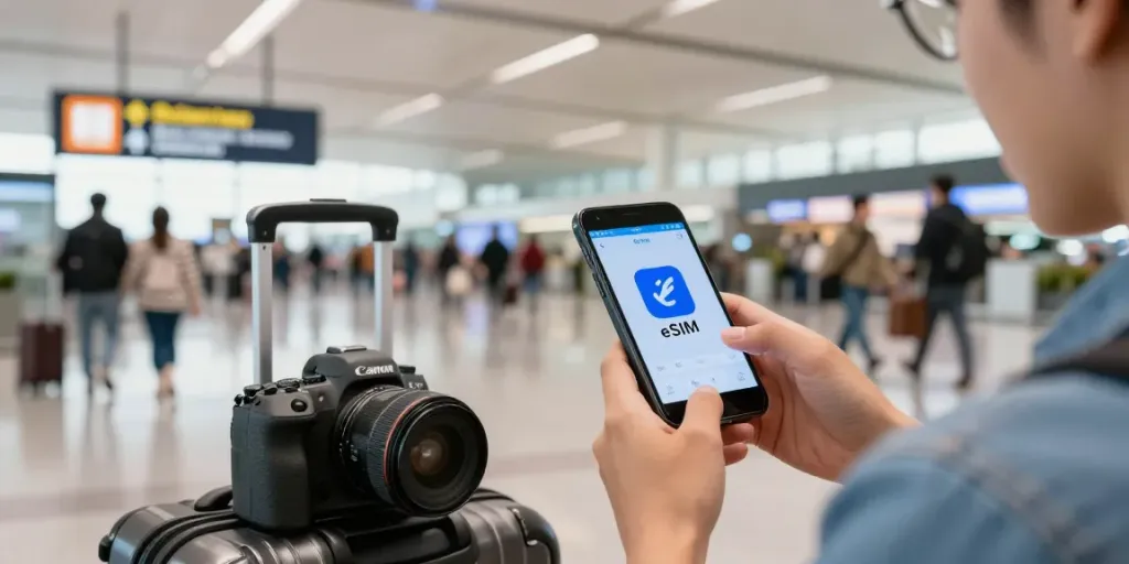 אדם רוכש Esim לחו"ל בשדה התעופה, מסביבו מזוודות ופרטי נסיעה, עם אווירה נרגשת.