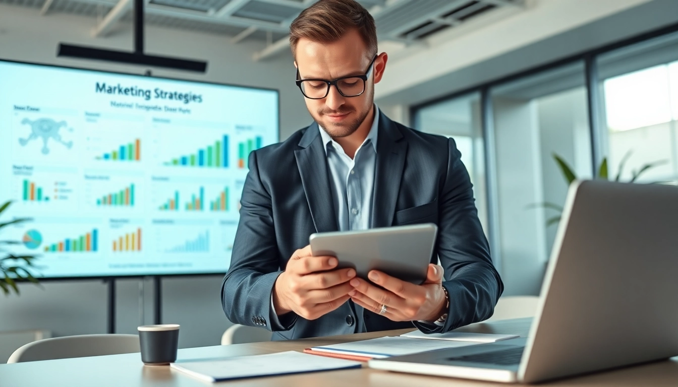 Marketing Consultant analyzing data in a modern office environment with digital analytics and charts.