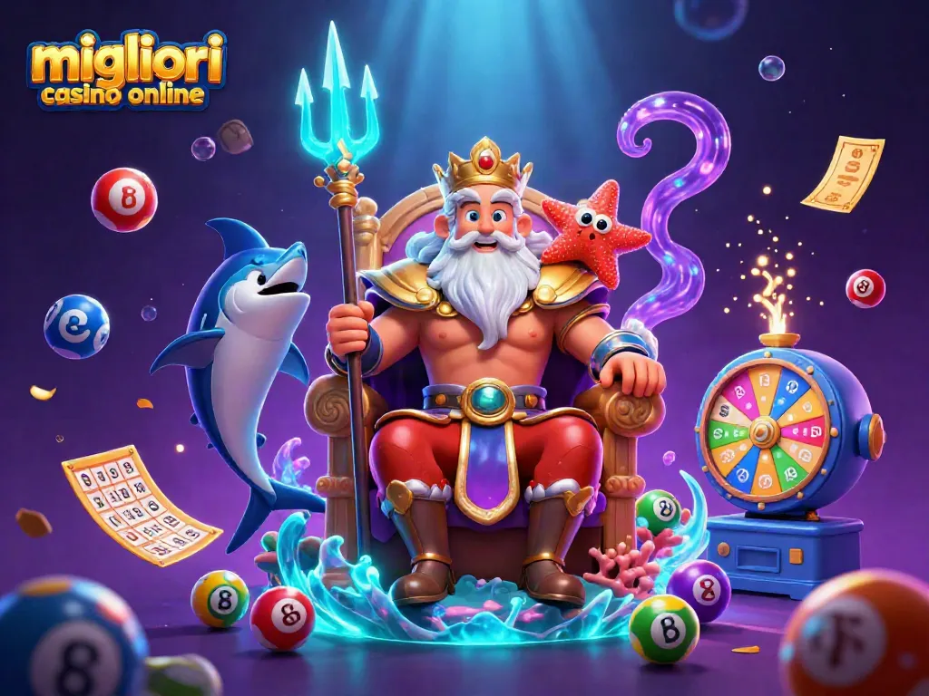Gioca e vinci nei migliori casino online, inclusa un'illustrazione vivace di elementi di gioco.