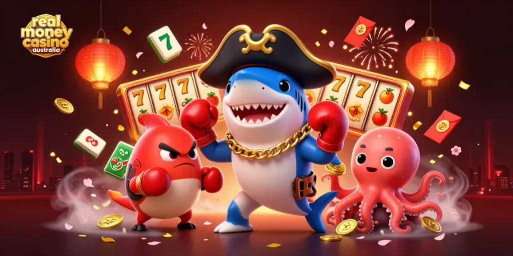 Engaging scene illustrating the fun of real money casino Australia featuring a cartoon pirate shark, pufferfish, and octopus with casino elements.