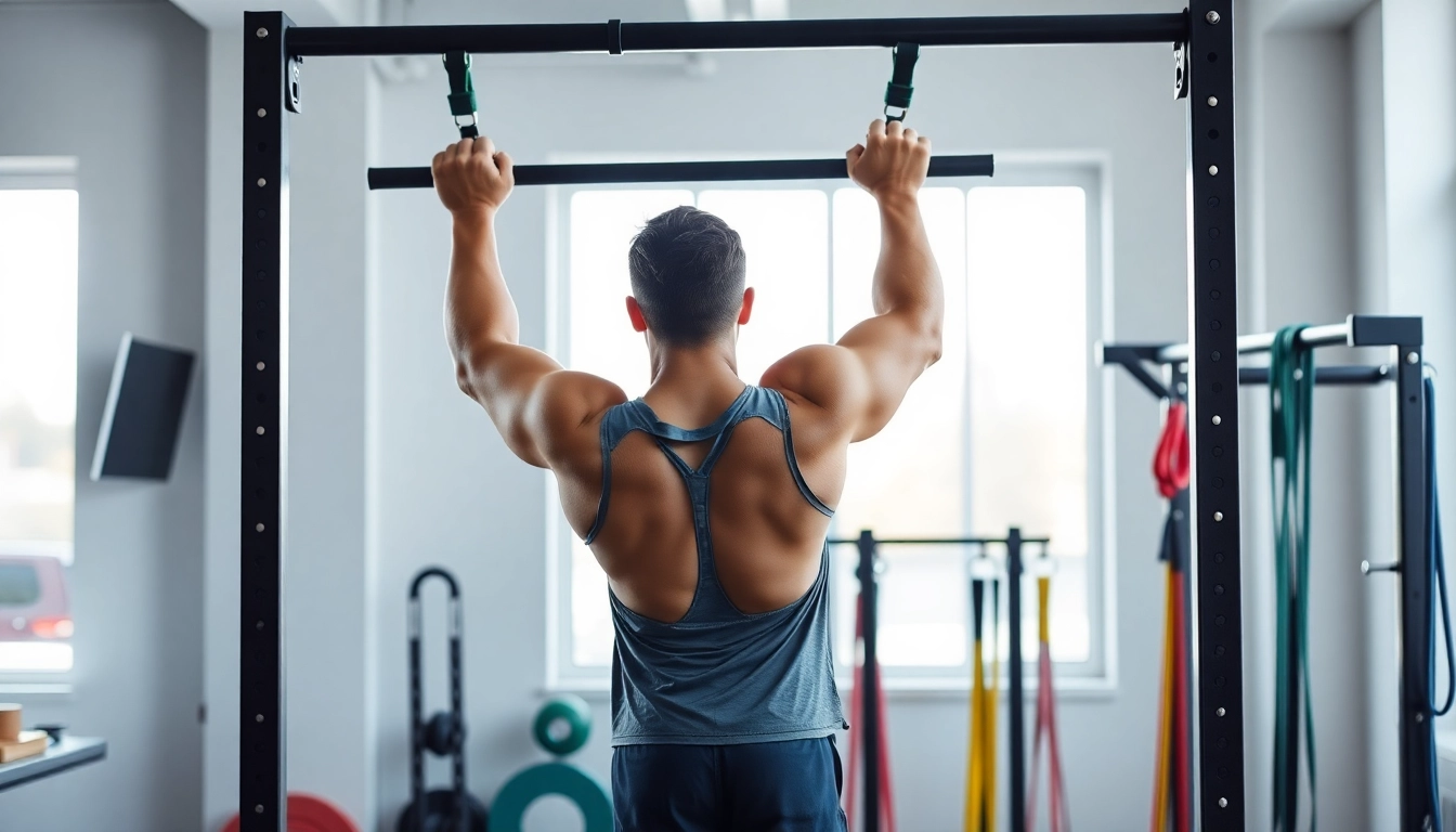 Fitness enthusiast performing assisted pull-up bands exercise in a bright gym setting.