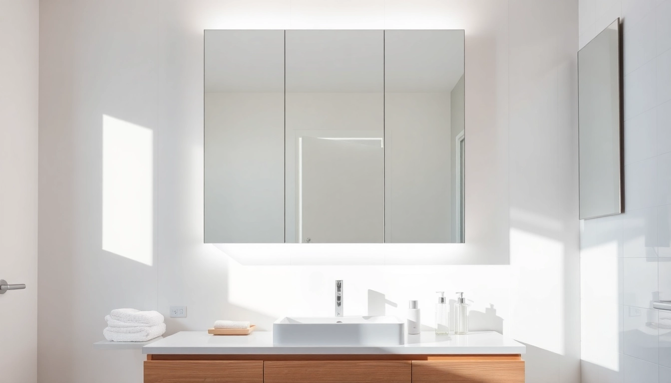 A mirrored bathroom cabinet with light showcases elegant design and integrated LED features in a modern bathroom.