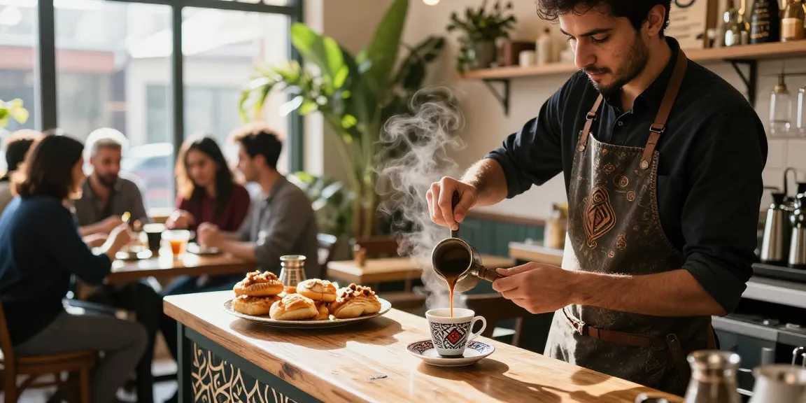 قهوجيين وصبابين في مقهى حيوي مع إعداد القهوة العربية