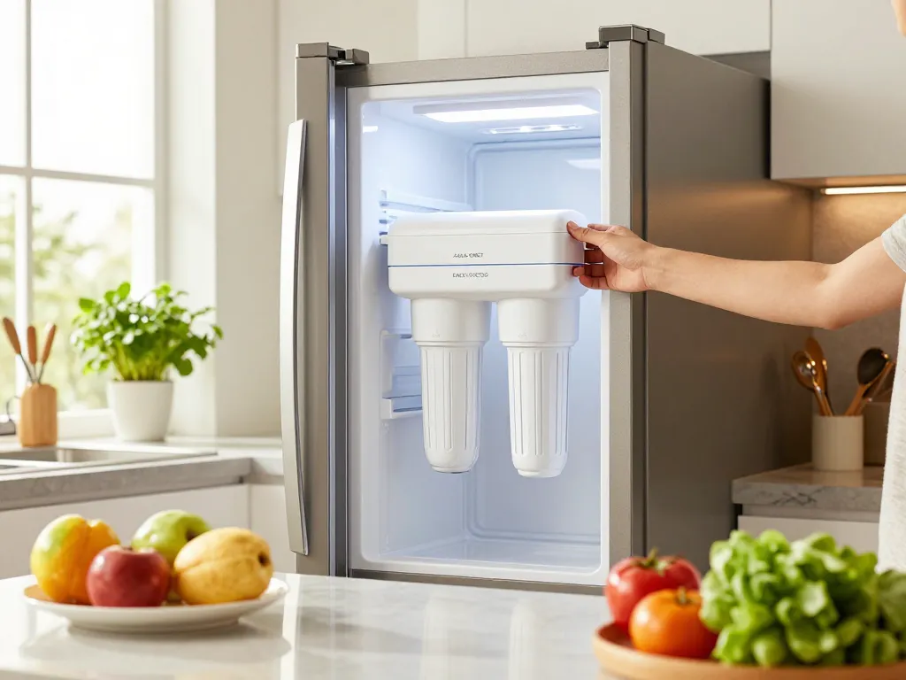AQUA CREST DA29-00003G Refrigerator Water Filter being installed in a modern kitchen, showcasing a healthy lifestyle.