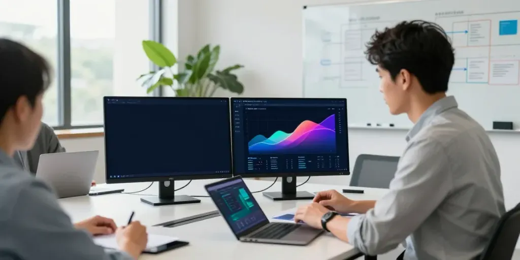 IT professional reviewing azure managed cloud services data in an office environment.